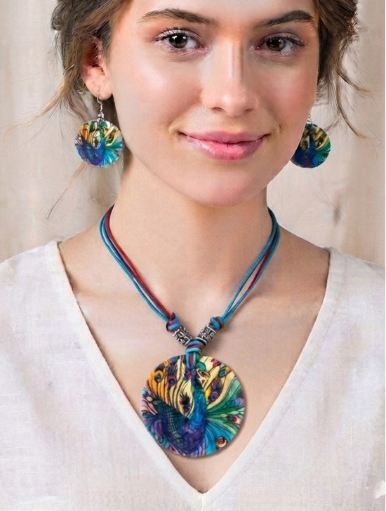 Fashion Peacock Print Shell Necklace and Earrings Set Fashion Peacock Print Shell Necklace and Earrings Set
